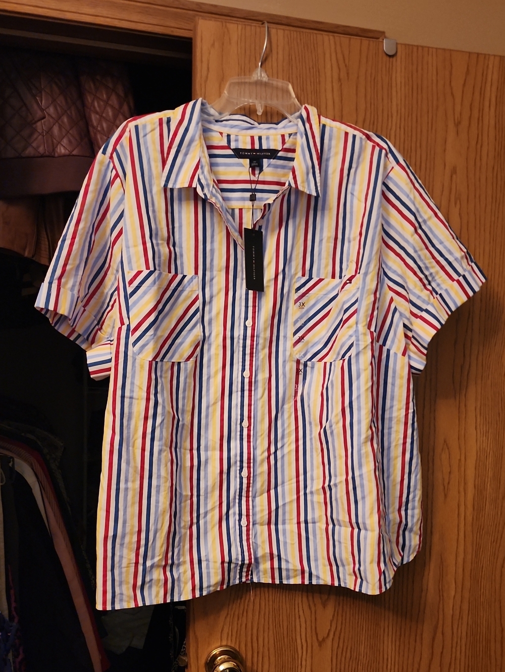 Tommy Hilfiger White Multicolor Vertical Stripe Short-Sleeve Button Down